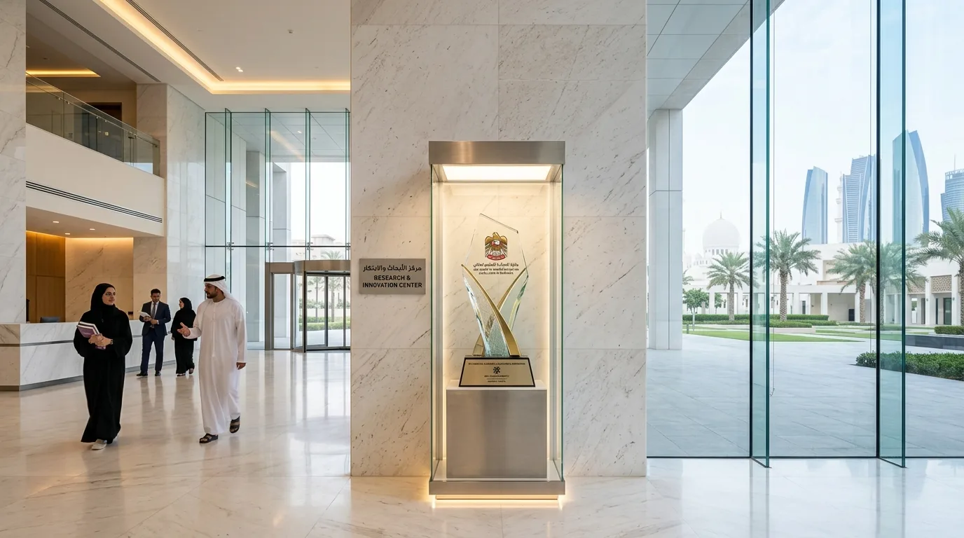 Sheikh Abdullah bin Zayed stands at a podium fronting a blue Ministry of Higher Education and Scientific Research backdrop.