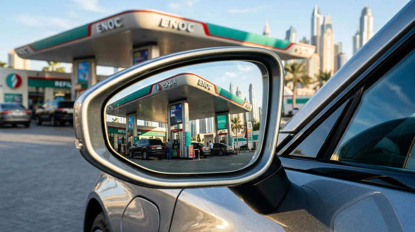 A close-up view of a fuel pump nozzle dispensing petrol into a car at a bright outdoor refueling station.
