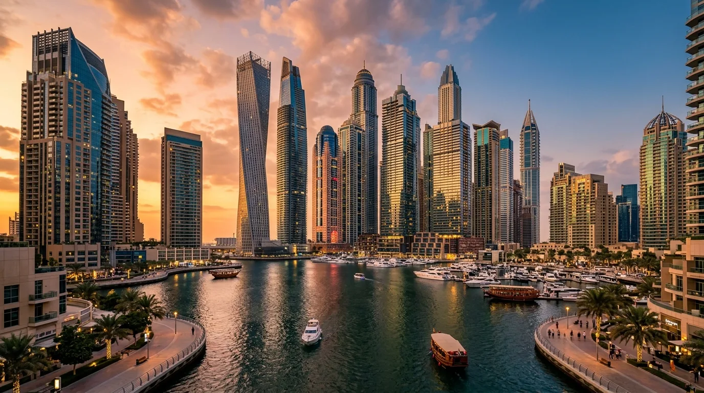 Modern glass residential skyscrapers tower over the blue waters of the Dubai Marina during a clear day.