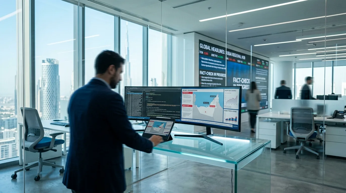 A bright, modern corporate media office with clean glass desks and professional editing screens.