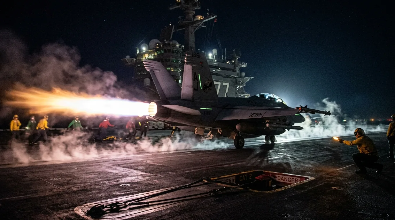 A fighter jet launching from an aircraft carrier at night with a bright afterburner fire.