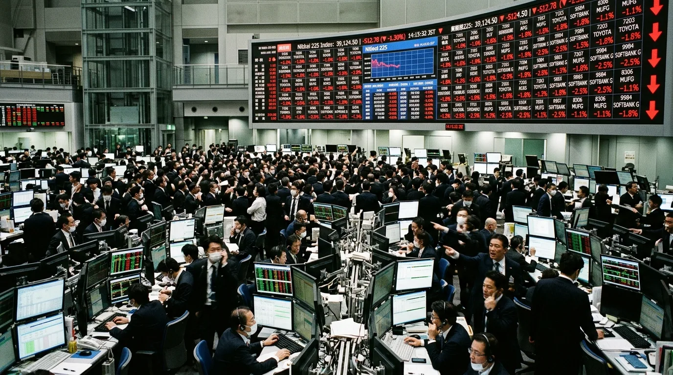 Stockbrokers looking at large electronic trading boards showing a rapid market sell-off in Asia.