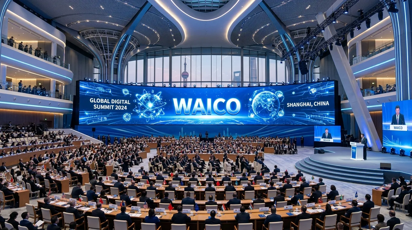 A massive, modern tech conference hall in Shanghai featuring giant digital network displays and international delegates.