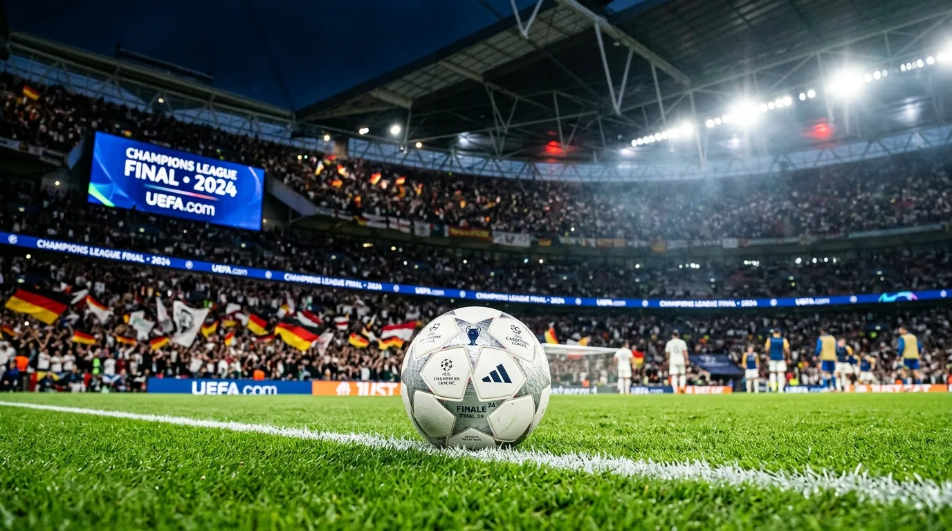 A professional football resting on a lush green stadium pitch under bright floodlights before a historic final match.