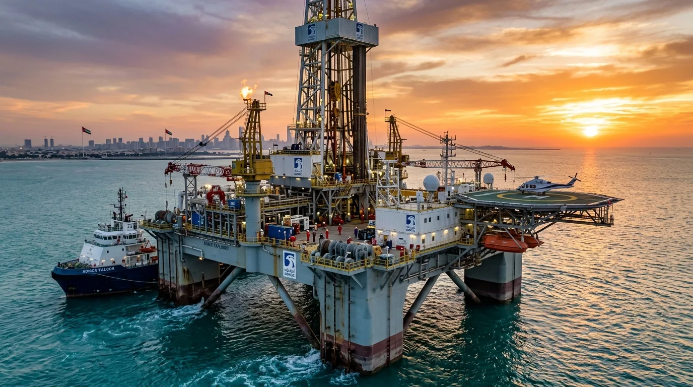 A vast offshore industrial platform stands above blue ocean waters under a clear sky in the Umm Shaif field.