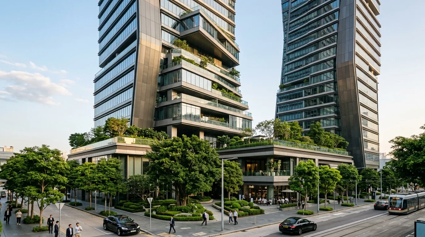 A modern cityscape features glass skyscrapers and residential towers under a clear sky during sunset.