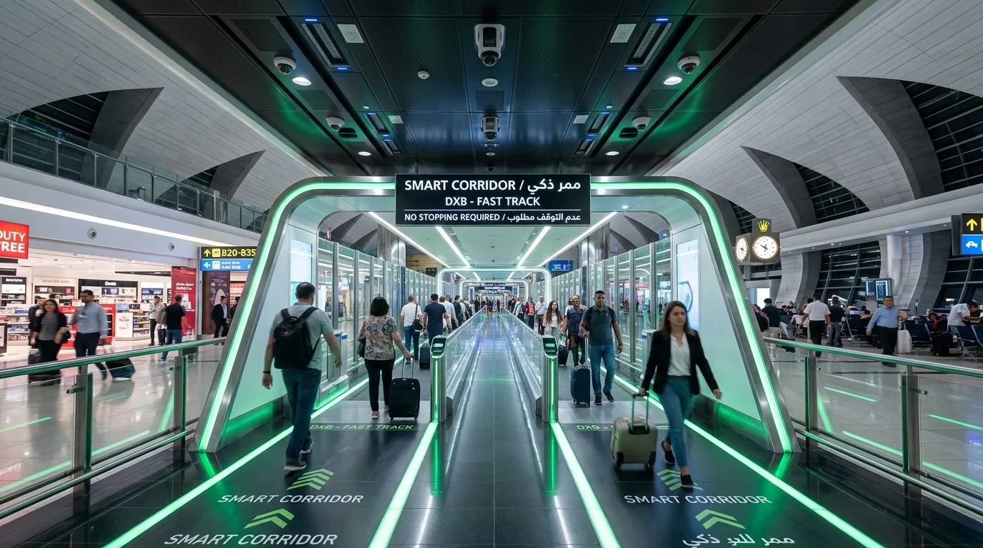 Travelers walk through a futuristic biometric tunnel equipped with blue lights and AI sensors for rapid clearance.