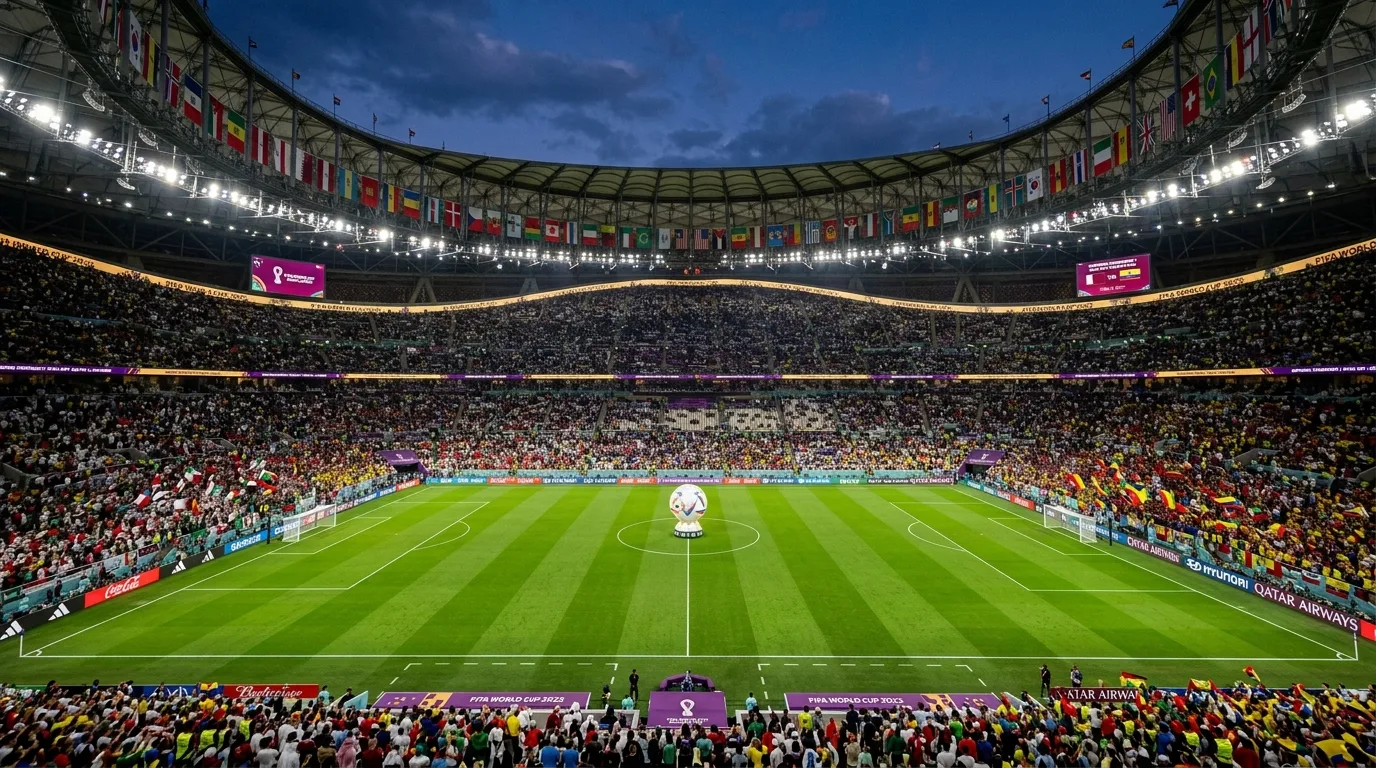 The FIFA World Cup trophy glows under bright stadium lights atop a pedestal during an official tournament ceremony.