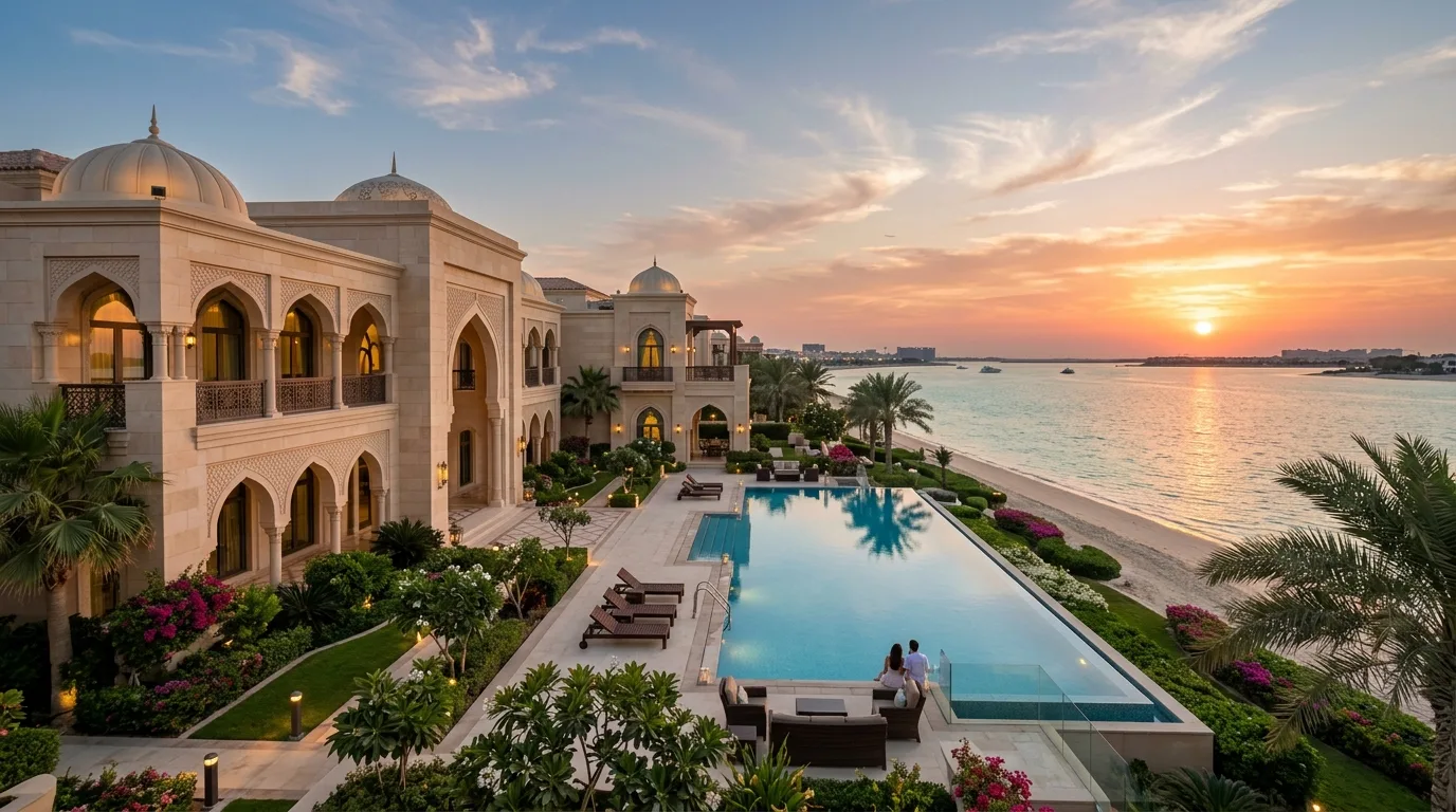 White modern villas with large glass windows stand along a turquoise coastline next to the Emirates Palace.