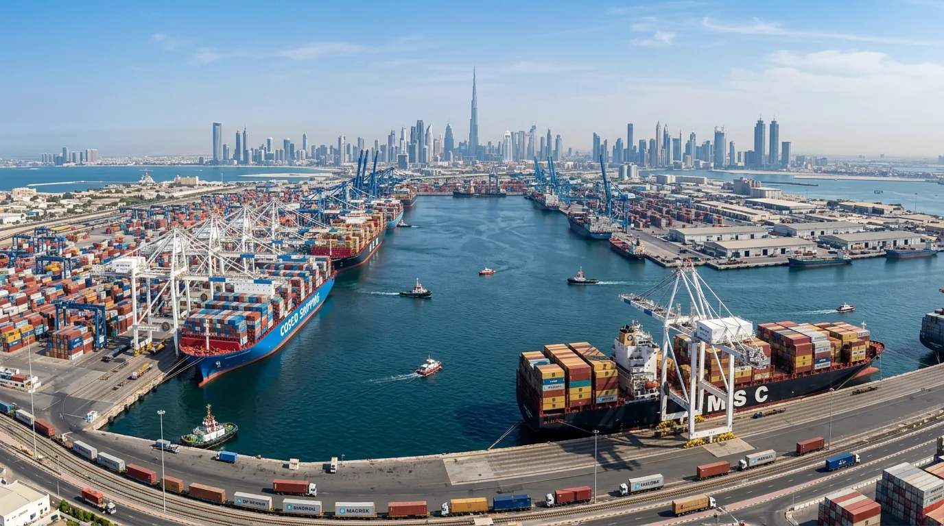 A cargo ship loaded with multicolored shipping containers navigates calm blue waters near a modern city skyline.