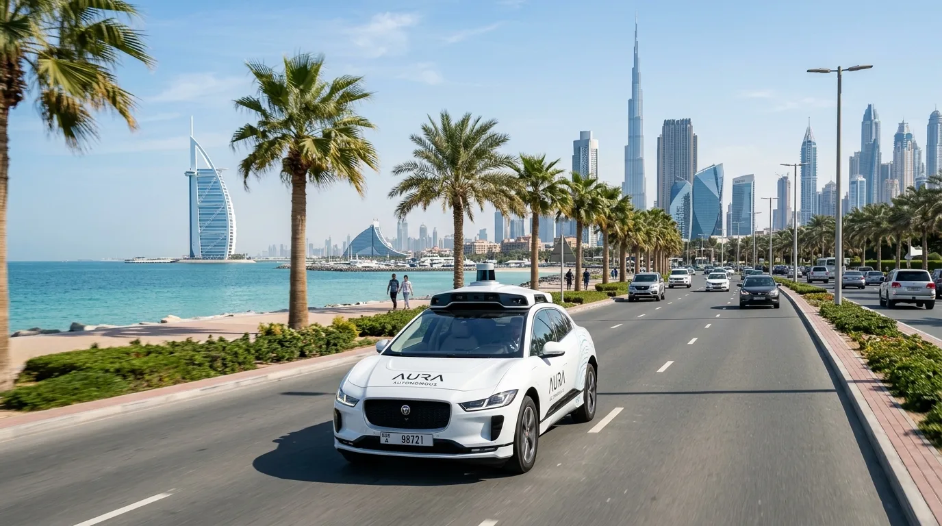 A sleek white autonomous taxi navigates a sunny Dubai street near coastal buildings under a clear blue sky.
