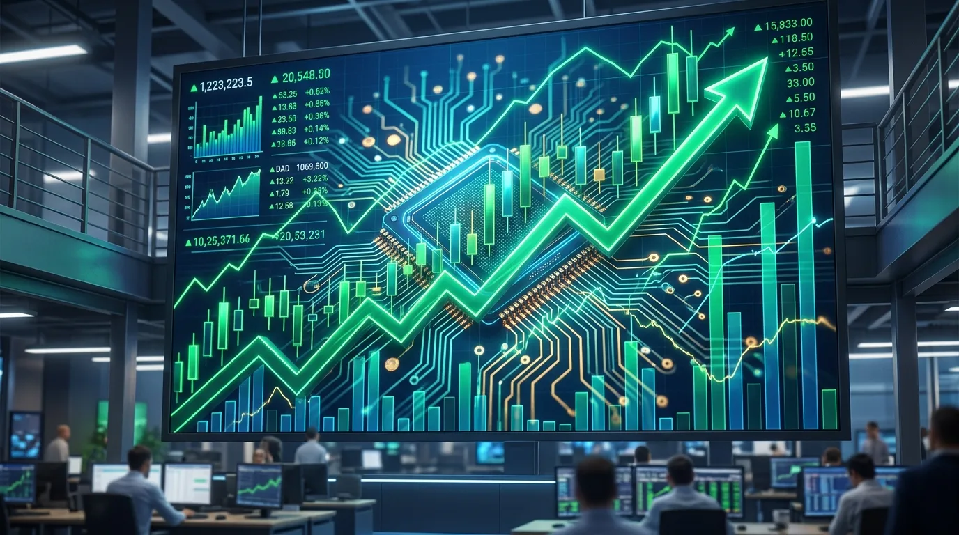 Stock market charts showing rising green lines and digital circuitry patterns symbolize a global semiconductor rally.