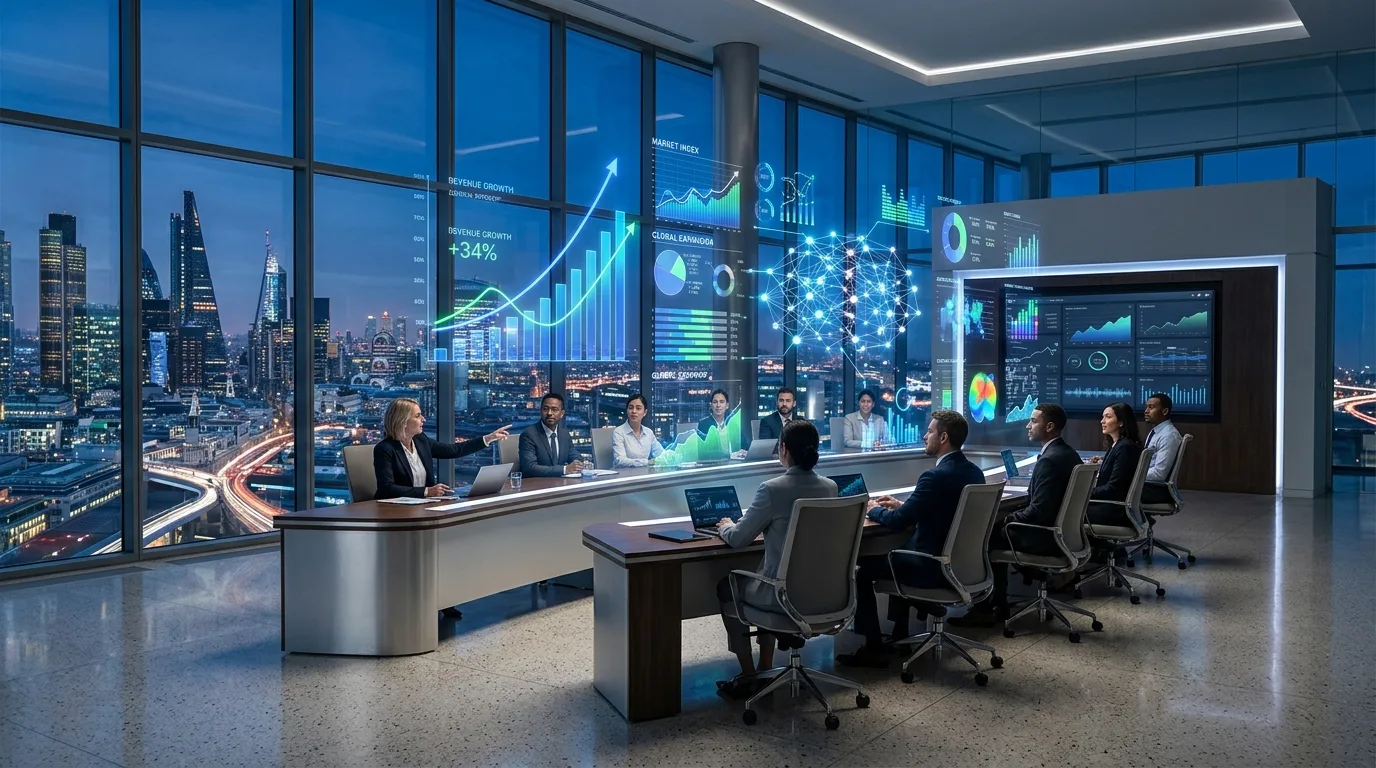 A glowing digital network connects data points and servers representing global corporate AI infrastructure.