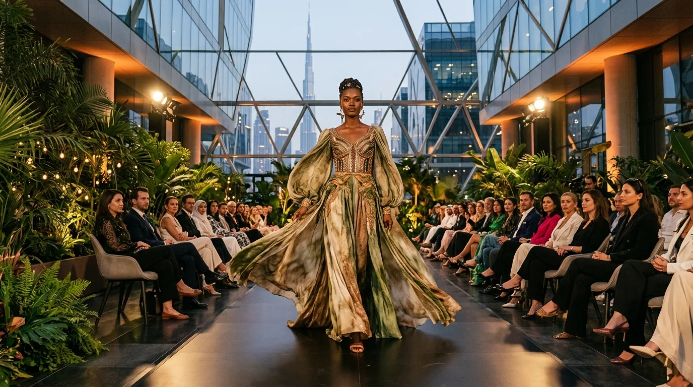 Models wear intricate sustainable garments while walking a runway at a high-end fashion event in the UAE.