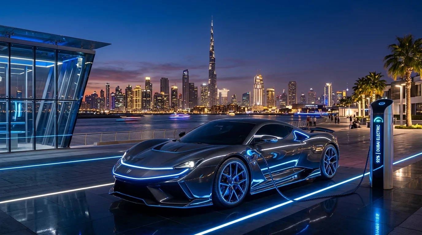 Electric cars drive along a modern highway in Dubai with a backdrop of shimmering skyscrapers and charging stations.