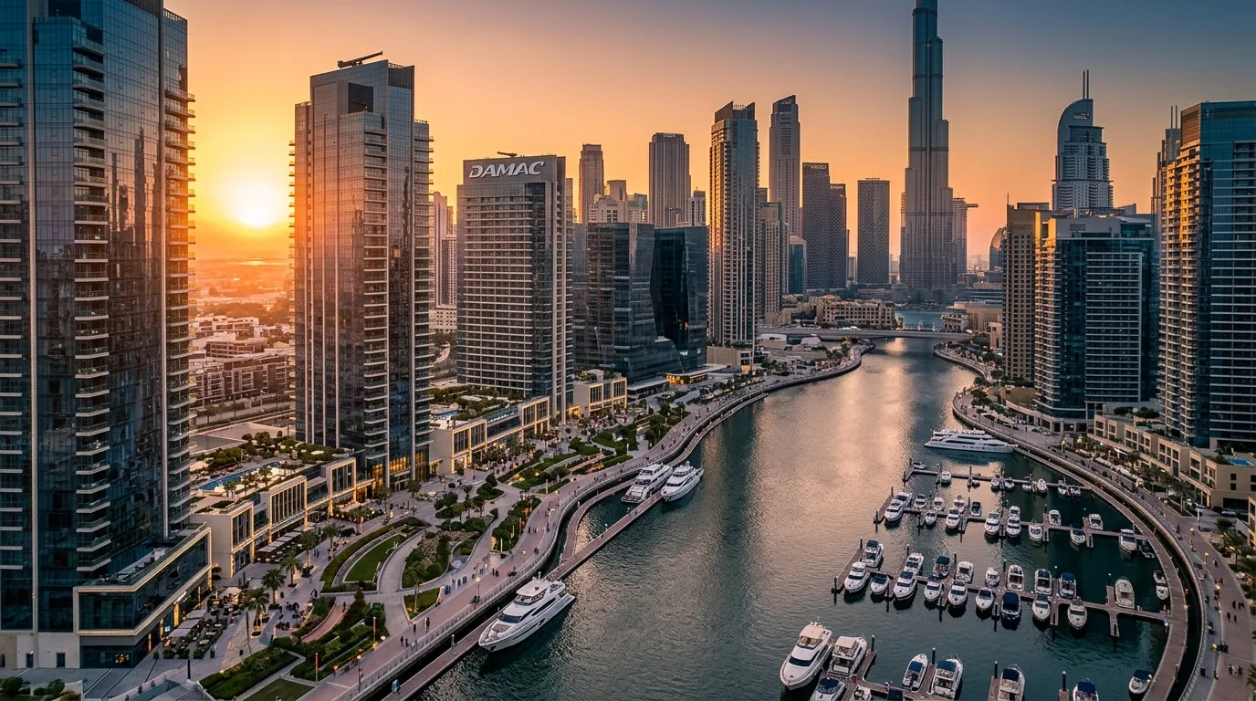 A wide aerial shot showcases the dense Burj Khalifa district skyline and shimmering skyscrapers under a bright sun.