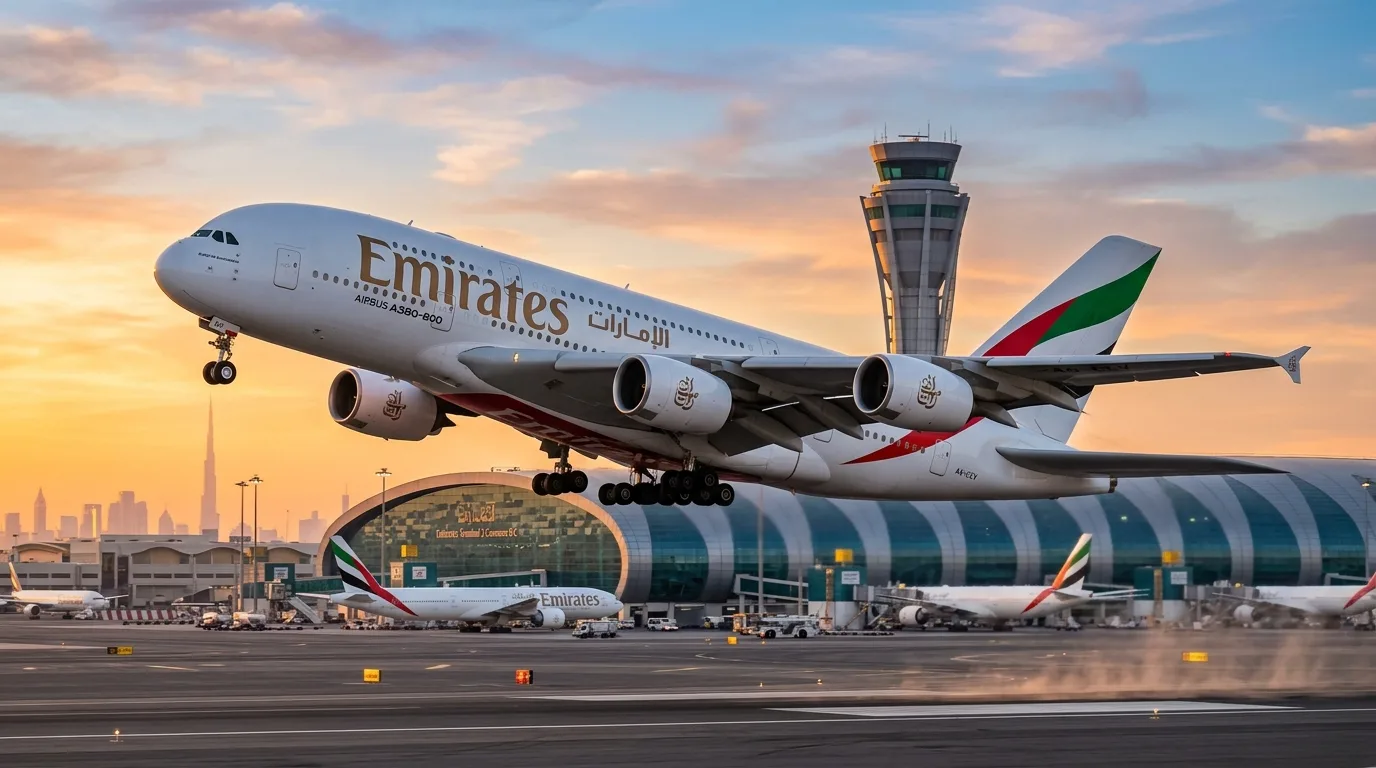 A busy airfield at Dubai International Airport features several Emirates aircraft parked at gates and taxiing.
