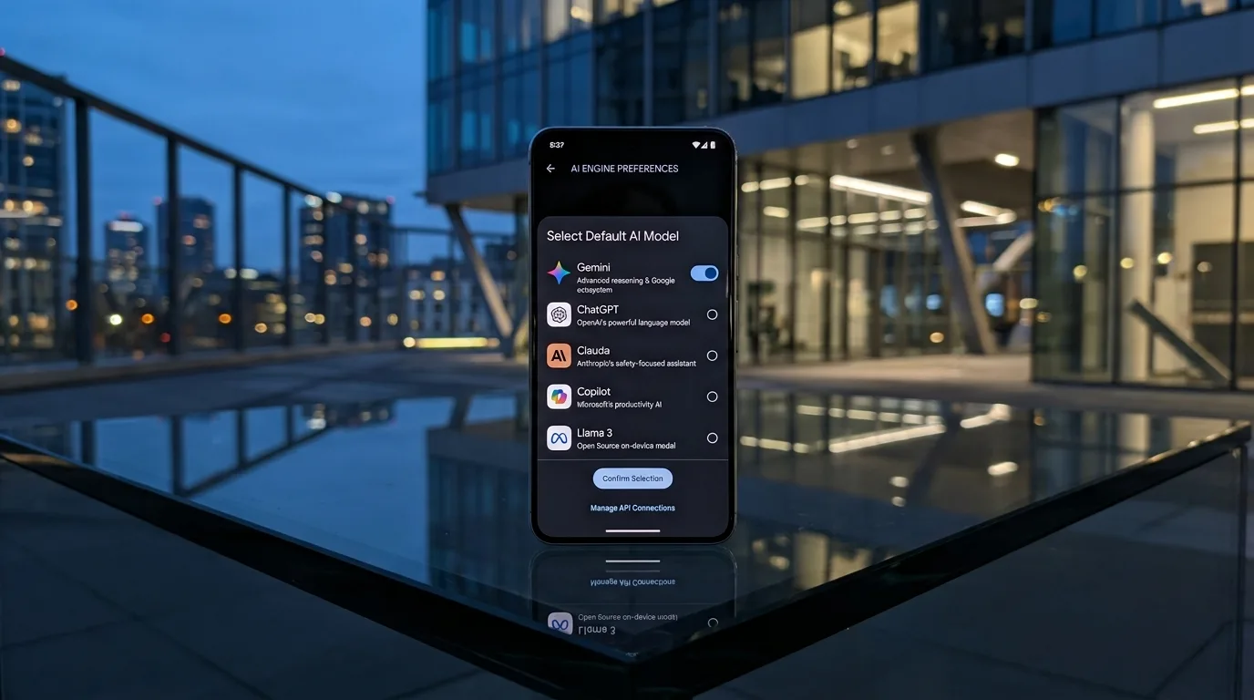 A glowing smartphone displays various AI company logos being integrated into the Android operating system interface.