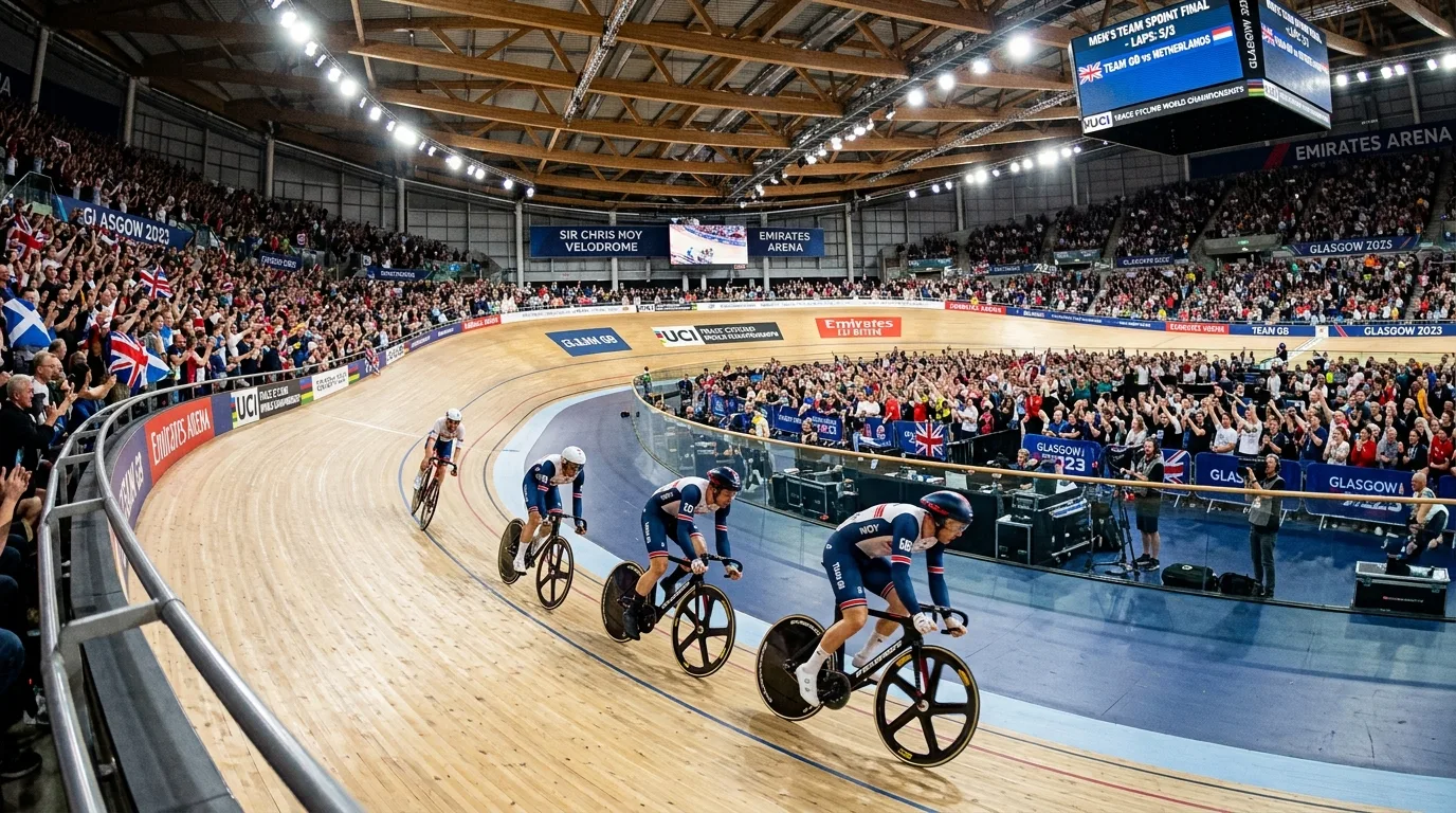 A modern athletic track in Glasgow's stadium glows under bright floodlights during a major sporting competition.
