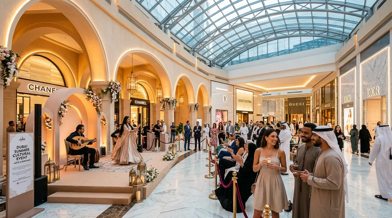 Shoppers walk through a bright, luxurious Dubai mall decorated with colorful summer festival banners and installations.