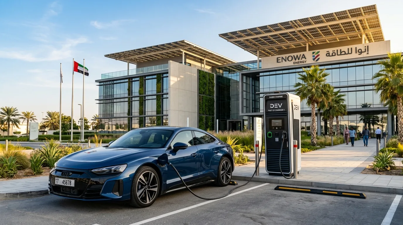 A sleek white electric vehicle charges at a modern station beside the AW Rostamani logo under bright daylight.