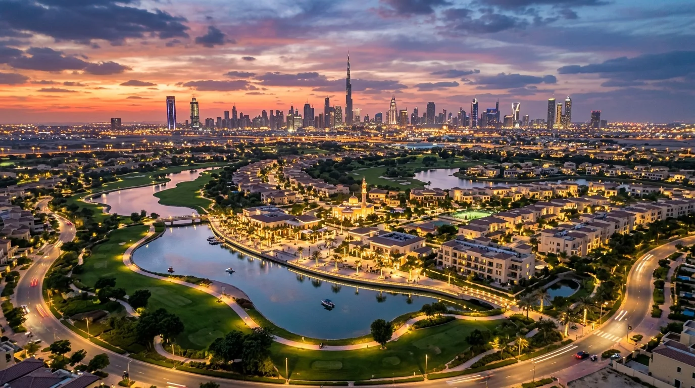 Modern skyscrapers and a waterfront promenade reflect in the water under a clear blue sky in Dubai.