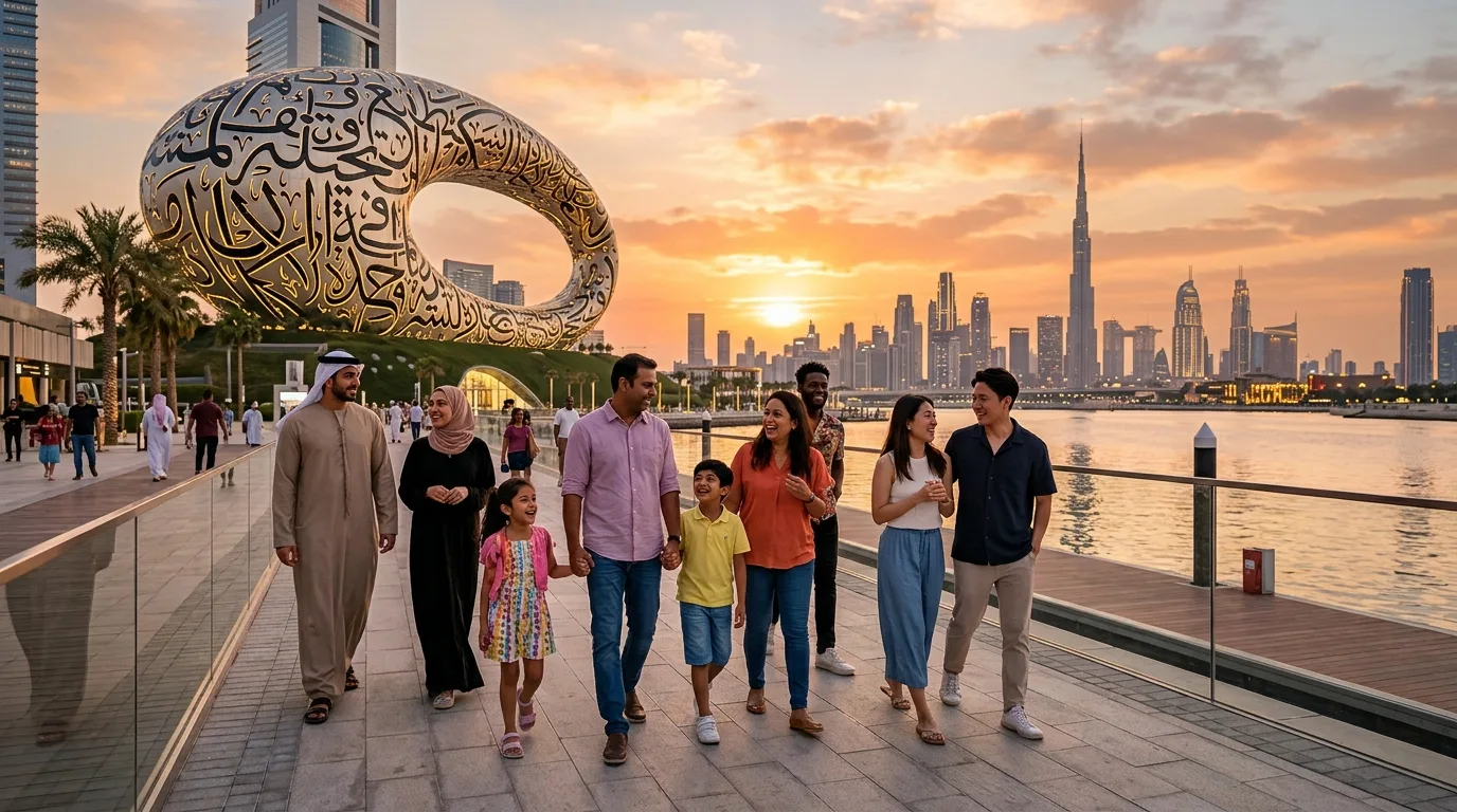Friends stroll together along a Dubai pier with the Burj Al Arab hotel and a turquoise ocean in the background.