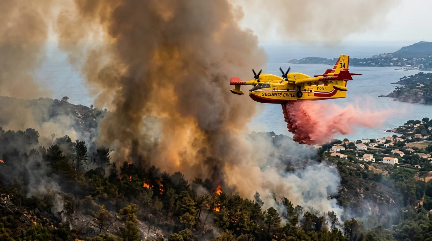 Thick orange flames and grey smoke billow through a dense pine forest as emergency vehicles line a nearby road.