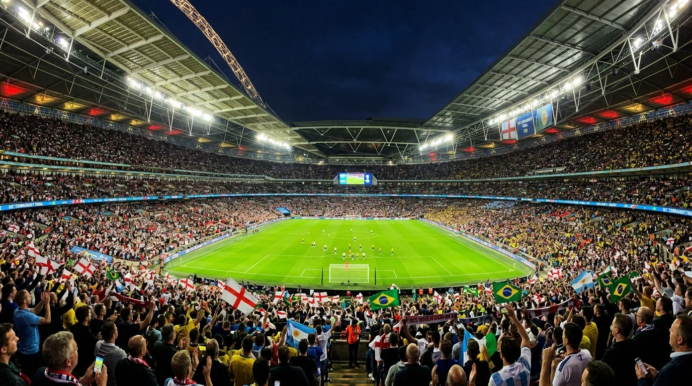 A packed soccer stadium glows under bright floodlights as fans cheer during a high-stakes international match.