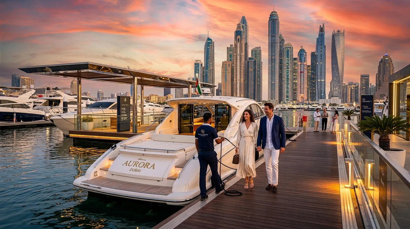 A white ferry cruises past Dubai's modern coastal skyline under a clear blue sky during the day.