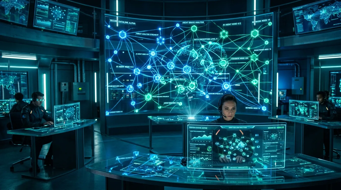 A glowing blue digital shield overlaying a network of interconnected nodes and glowing binary code.
