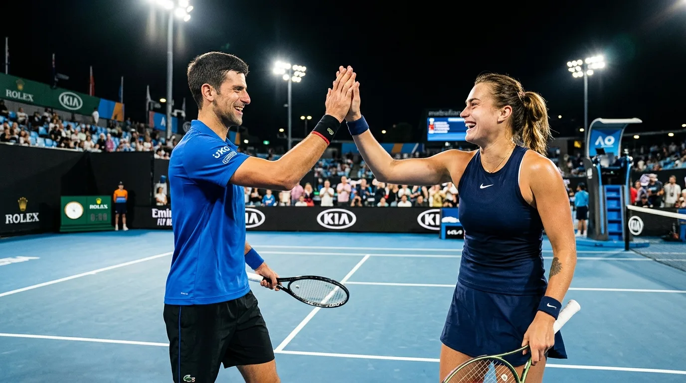 Novak Djokovic and Aryna Sabalenka smile while standing together on a blue tennis court during the US Open.