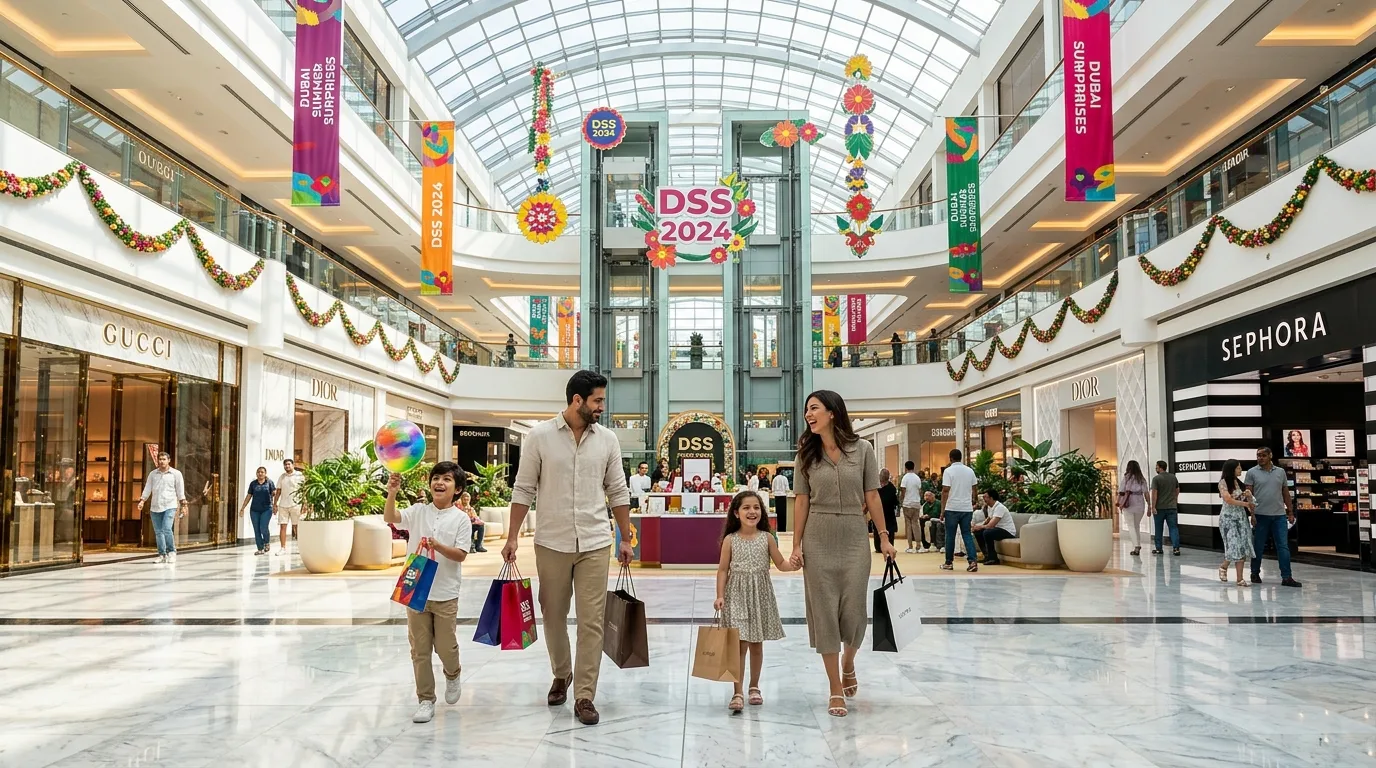 Shoppers walk through a bright, multi-story Dubai mall featuring festive summer decorations and vibrant sale banners.