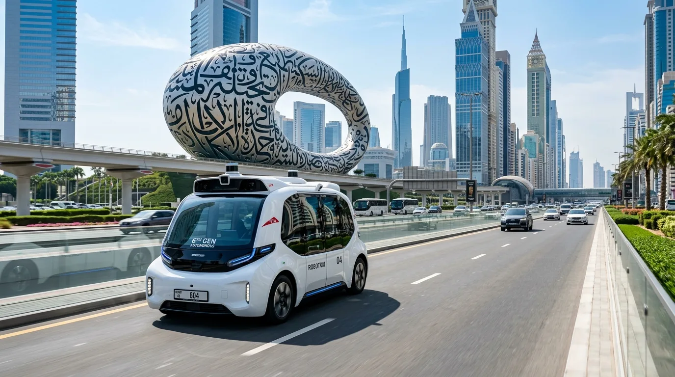 A sleek autonomous shuttle navigates a modern Dubai highway flanked by towering glass skyscrapers.