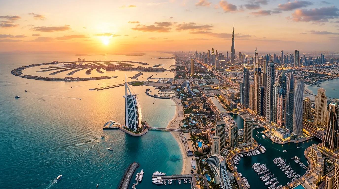 Modern skyscrapers and luxury residential towers line a sunlit coastline under a high-altitude view of the Dubai skyline.