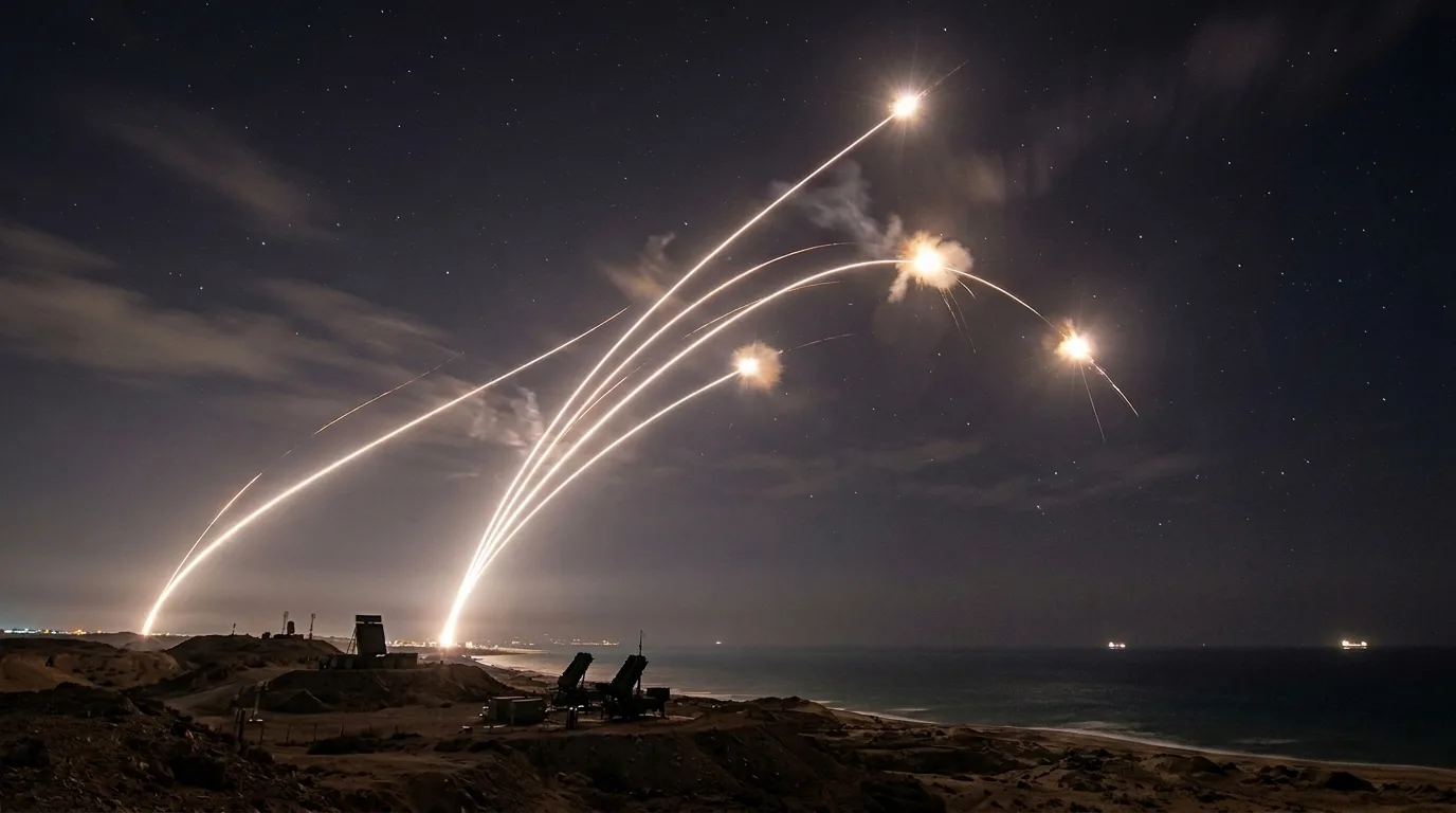 An anti-missile interceptor launches into a dark sky, leaving a bright trail of flame and white smoke.