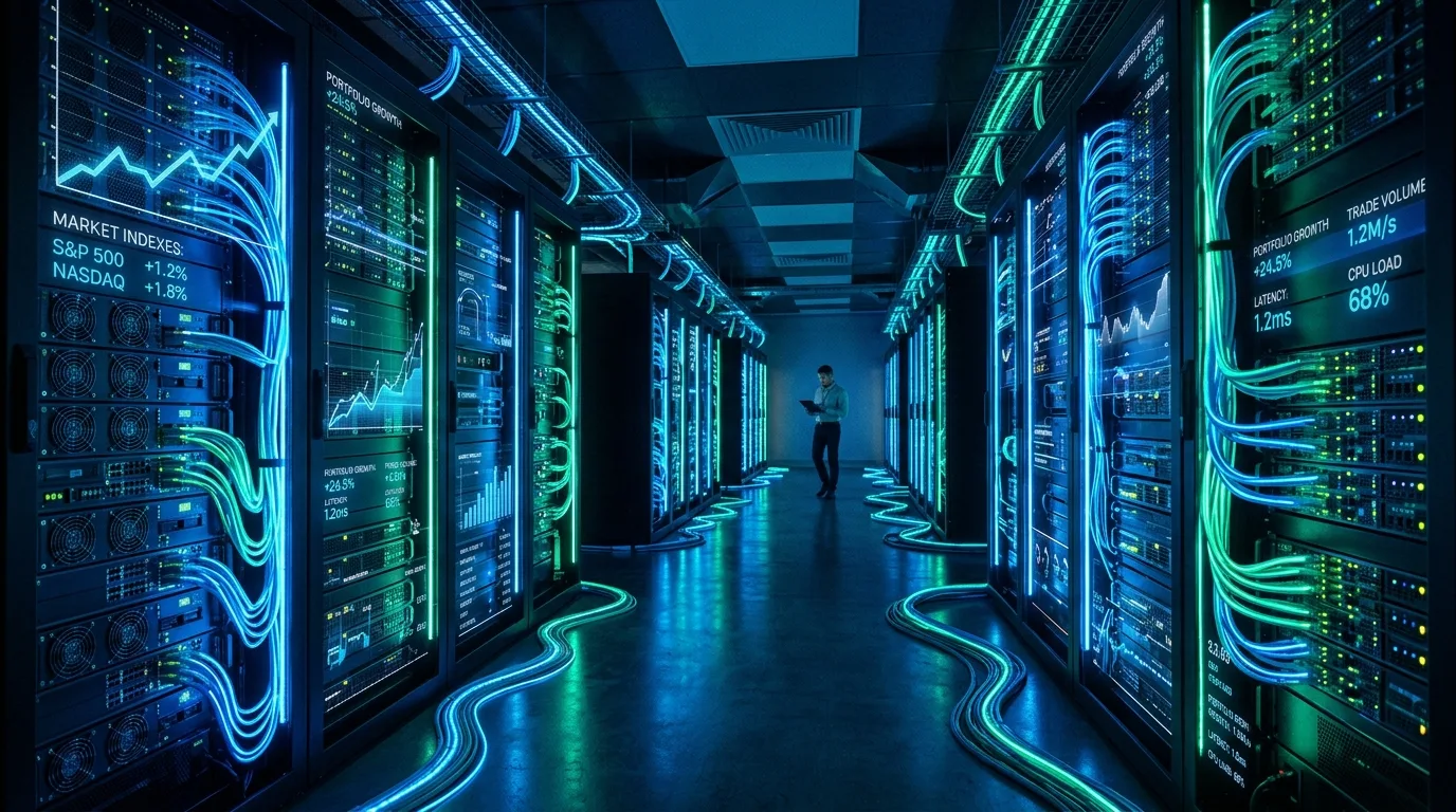 A high-speed stream of digital binary code flows through the glowing hardware of a futuristic data center room.