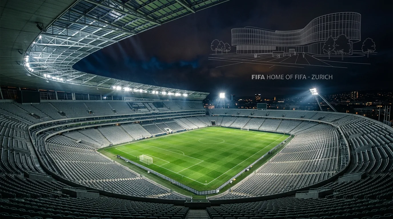 A low-angle view of the FIFA headquarters building in Zurich under a clear blue sky during the daytime.