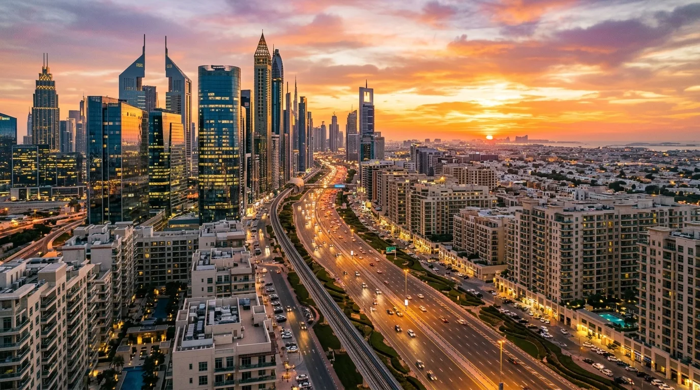 A high-angle view of modern skyscrapers and glass office towers overlooking a bustling urban district in Dubai.
