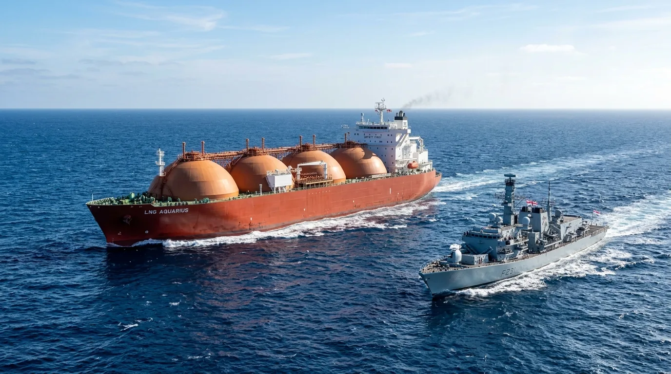 A large white and blue liquefied natural gas tanker sails across calm blue waters under a clear, bright sky.