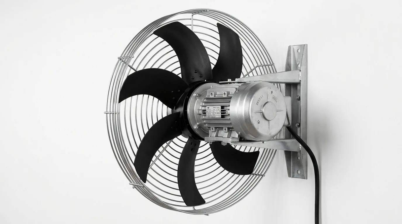 A large industrial ventilation fan with black curved blades and a silver motor sits against a white background.