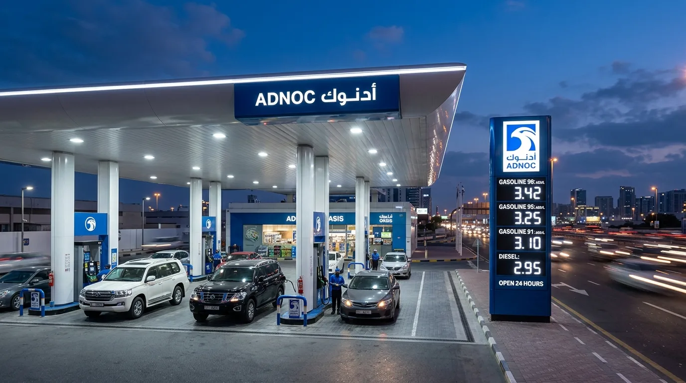A fuel nozzle dispenses petrol into a vehicle tank at a modern UAE service station during the day.