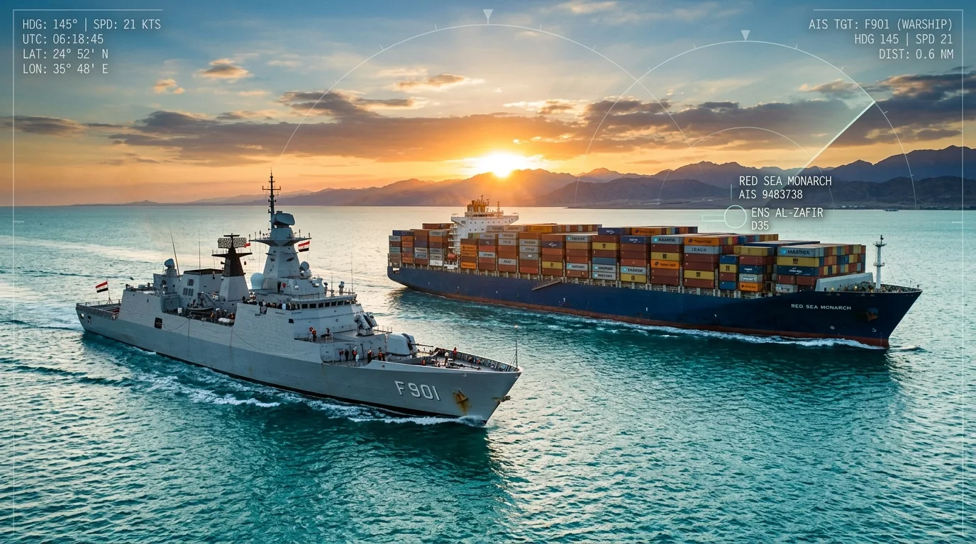 A large commercial oil tanker navigates calm deep blue waters under a bright, clear sky in the Red Sea.
