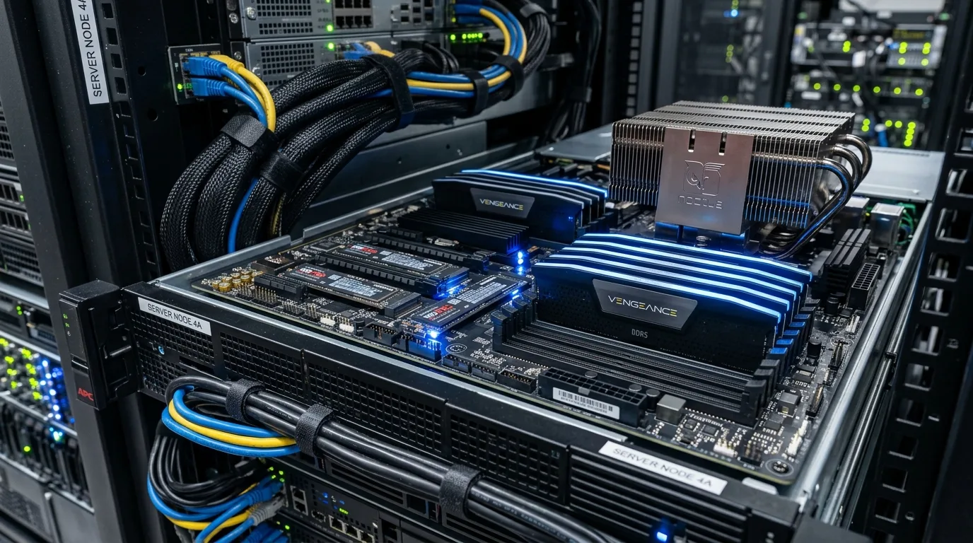 Glowing fiber optic cables connect to a sleek server circuit board in a high-tech, neon-lit data center.