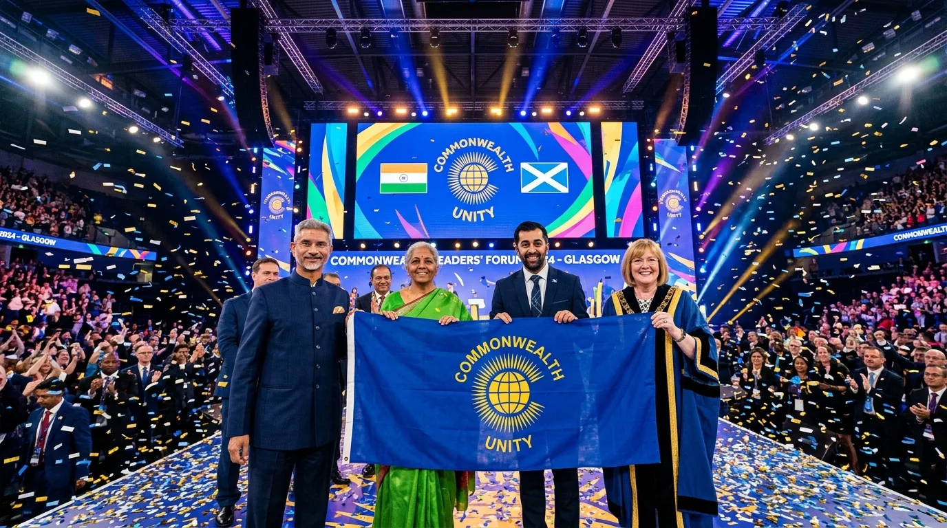 Dancers perform on a brightly lit stage in Glasgow as the Commonwealth Games flag is handed over to Indian officials.