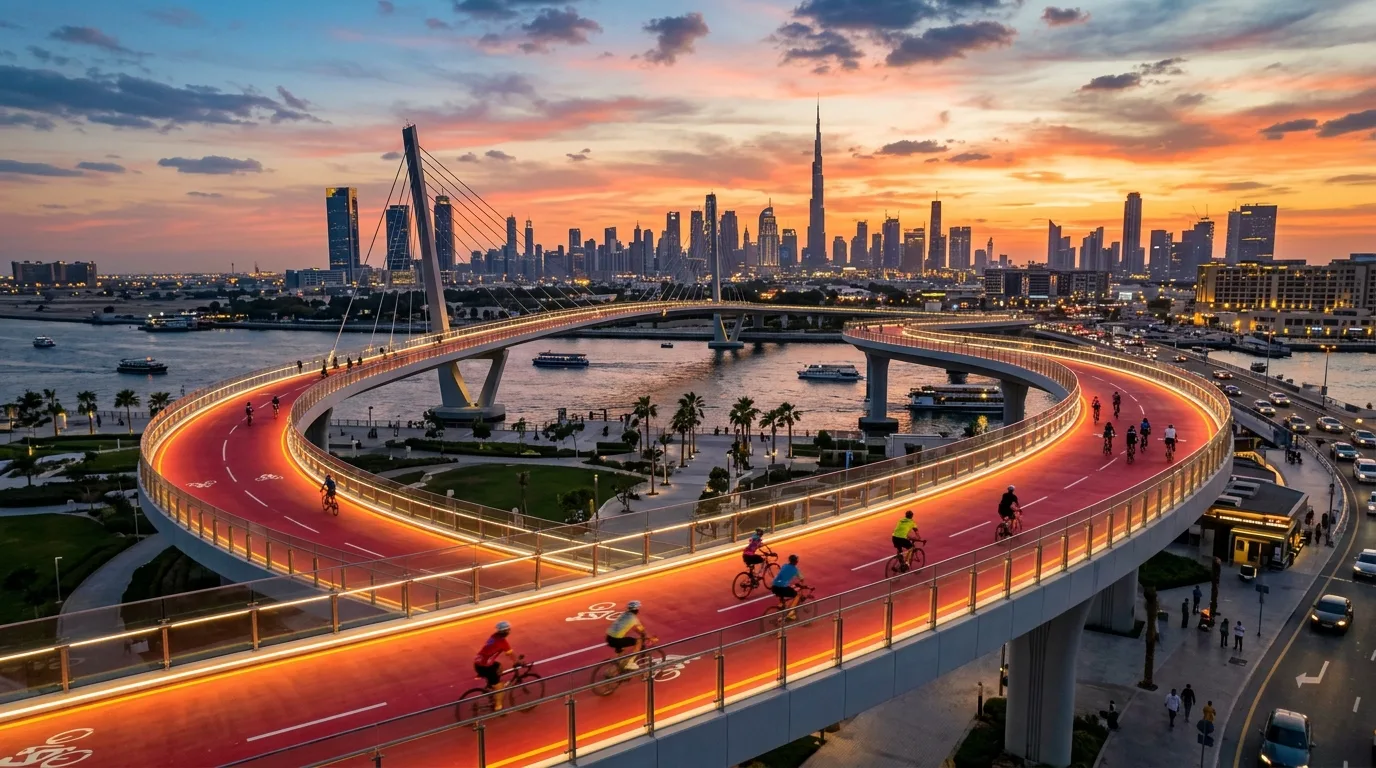 A long, modern cycling and pedestrian bridge curves over a highway, connecting residential areas in Dubai.