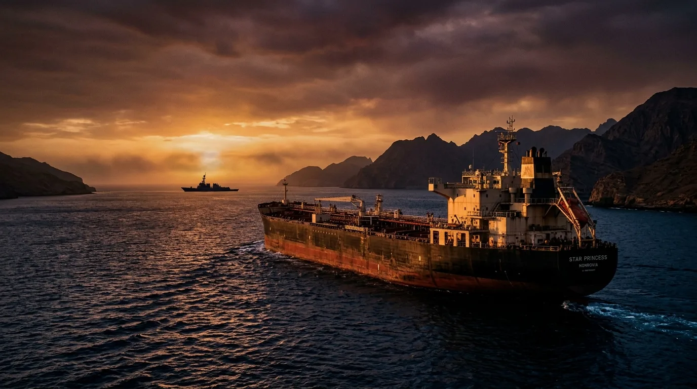 A grey naval destroyer sails through the calm blue waters of the Strait of Hormuz under a hazy afternoon sky.