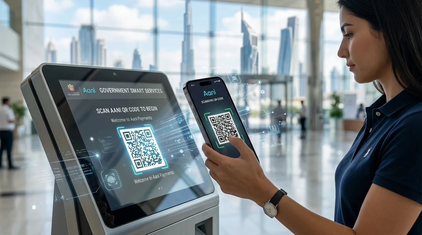 A person uses a smartphone to complete a digital payment near a branded Jaywan card and the Aani platform logo.