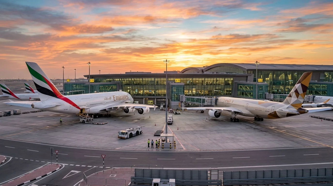 Emirates and Etihad commercial planes sit parked on a sunlit airport tarmac against a backdrop of distant hangars.