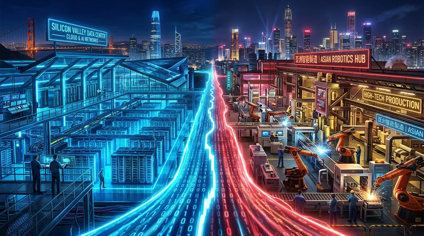 Data center servers glow with blue lights, representing the computational power driving the global AI race.